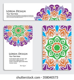 multicolored set of business card and header templates with hand drawn tribal ornament, mandala, for greeting, invitation card, or cover. Vector illustration