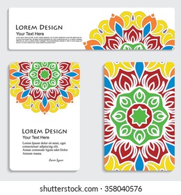 multicolored set of business card and header templates with hand drawn tribal ornament, mandala, for greeting, invitation card, or cover. Vector illustration