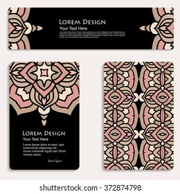 multicolored set of business card and header templates with hand drawn tribal ornament, mandala, for greeting, invitation card, or cover. Vector illustration