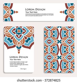 multicolored set of business card and header templates with hand drawn tribal ornament, mandala, for greeting, invitation card, or cover. Vector illustration