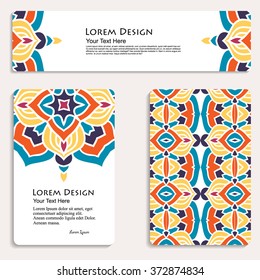 multicolored set of business card and header templates with hand drawn tribal ornament, mandala, for greeting, invitation card, or cover. Vector illustration