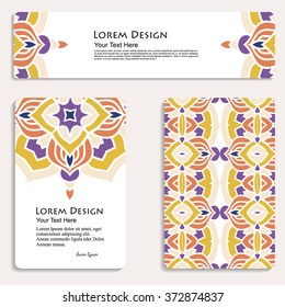 multicolored set of business card and header templates with hand drawn tribal ornament, mandala, for greeting, invitation card, or cover. Vector illustration
