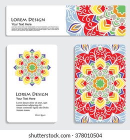 multicolored set of business card and header templates with hand drawn tribal ornament, mandala, for greeting, invitation card, or cover. Vector illustration