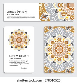 multicolored set of business card and header templates with hand drawn tribal ornament, mandala, for greeting, invitation card, or cover. Vector illustration