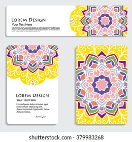 multicolored set of business card and header templates with hand drawn tribal ornament, mandala, for greeting, invitation card, or cover. Vector illustration