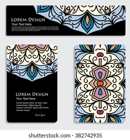 multicolored set of business card and header templates with hand drawn tribal ornament over black background, mandala, for greeting, invitation card, or cover. Vector illustration