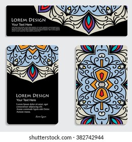 multicolored set of business card and header templates with hand drawn tribal ornament over black background, mandala, for greeting, invitation card, or cover. Vector illustration