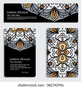 multicolored set of business card and header templates with hand drawn tribal ornament over black background, mandala, for greeting, invitation card, or cover. Vector illustration