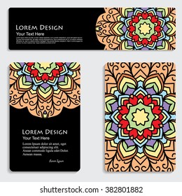 multicolored set of business card and header templates with hand drawn tribal ornament over black background, mandala, for greeting, invitation card, or cover. Vector illustration