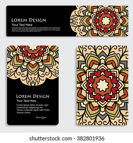 multicolored set of business card and header templates with hand drawn tribal ornament over black background, mandala, for greeting, invitation card, or cover. Vector illustration