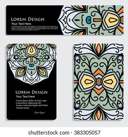 multicolored set of business card and header templates with hand drawn tribal ornament over black background, mandala, for greeting, invitation card, or cover. Vector illustration