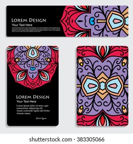 multicolored set of business card and header templates with hand drawn tribal ornament over black background, mandala, for greeting, invitation card, or cover. Vector illustration
