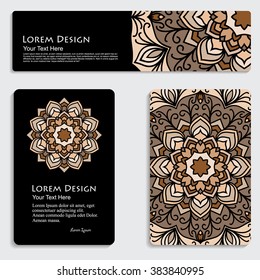 multicolored set of business card and header templates with hand drawn tribal ornament over black background, mandala, for greeting, invitation card, or cover. Vector illustration