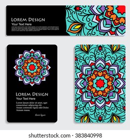 multicolored set of business card and header templates with hand drawn tribal ornament over black background, mandala, for greeting, invitation card, or cover. Vector illustration