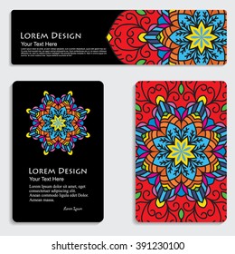 multicolored set of business card and header templates with hand drawn tribal ornament, mandala, for greeting, invitation card, or cover. Vector illustration