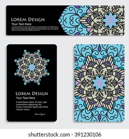 multicolored set of business card and header templates with hand drawn tribal ornament, mandala, for greeting, invitation card, or cover. Vector illustration