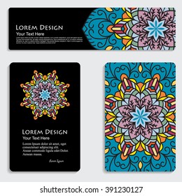 multicolored set of business card and header templates with hand drawn tribal ornament, mandala, for greeting, invitation card, or cover. Vector illustration