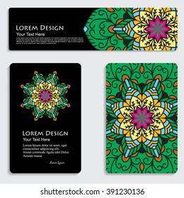 multicolored set of business card and header templates with hand drawn tribal ornament, mandala, for greeting, invitation card, or cover. Vector illustration