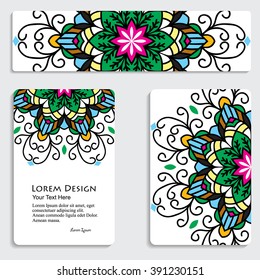 multicolored set of business card and header templates with hand drawn tribal ornament, mandala, for greeting, invitation card, or cover. Vector illustration