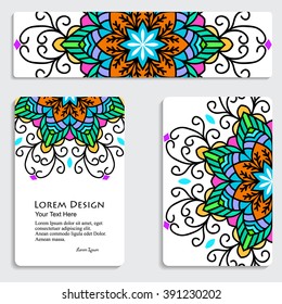 multicolored set of business card and header templates with hand drawn tribal ornament, mandala, for greeting, invitation card, or cover. Vector illustration