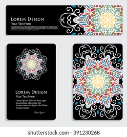 multicolored set of business card and header templates with hand drawn tribal ornament, mandala, for greeting, invitation card, or cover. Vector illustration