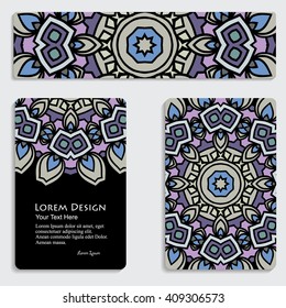 multicolored set of business card and header templates with hand drawn tribal ornament over black background, mandala, for greeting, invitation card, or cover. Vector illustration