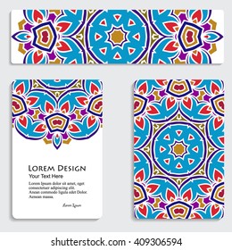 multicolored set of business card and header templates with hand drawn tribal ornament, mandala, for greeting, invitation card, or cover. Vector illustration