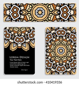 multicolored set of business card and header templates with hand drawn tribal ornament over black background, mandala, for greeting, invitation card, or cover. Vector illustration