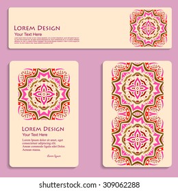 multicolored set of business cards with hand drawn tribal ornament, mandala, for greeting, invitation card, or cover. Vector illustration