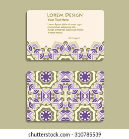 multicolored set of business cards with hand drawn tribal ornament, mandala, for greeting, invitation card, or cover. Vector illustration