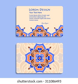 multicolored set of business cards with hand drawn tribal ornament, mandala, for greeting, invitation card, or cover. Vector illustration