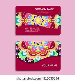 multicolored set of business cards with hand drawn tribal ornament, mandala, for greeting, invitation card, or cover. Vector illustration