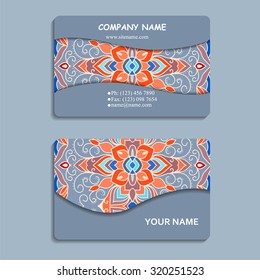 multicolored set of business cards with hand drawn tribal ornament, mandala, for greeting, invitation card, or cover. Vector illustration