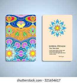 multicolored set of business cards with hand drawn tribal ornament, mandala, for greeting, invitation card, or cover. Vector illustration