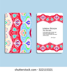 multicolored set of business cards with hand drawn tribal ornament, mandala, for greeting, invitation card, or cover. Vector illustration