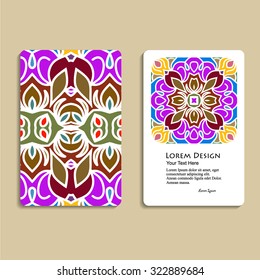 multicolored set of business cards with hand drawn tribal ornament, mandala, for greeting, invitation card, or cover. Vector illustration