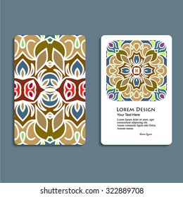 multicolored set of business cards with hand drawn tribal ornament, mandala, for greeting, invitation card, or cover. Vector illustration