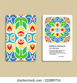 multicolored set of business cards with hand drawn tribal ornament, mandala, for greeting, invitation card, or cover. Vector illustration