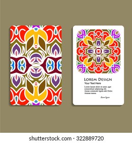 multicolored set of business cards with hand drawn tribal ornament, mandala, for greeting, invitation card, or cover. Vector illustration