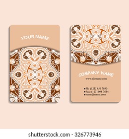 multicolored set of business cards with hand drawn tribal ornament, mandala, for greeting, invitation card, or cover. Vector illustration