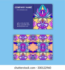 multicolored set of business cards with hand drawn tribal ornament, mandala, for greeting, invitation card, or cover. Vector illustration