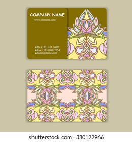 multicolored set of business cards with hand drawn tribal ornament, mandala, for greeting, invitation card, or cover. Vector illustration