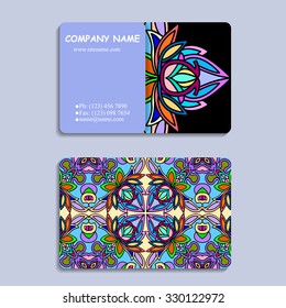 multicolored set of business cards with hand drawn tribal ornament, mandala, for greeting, invitation card, or cover. Vector illustration