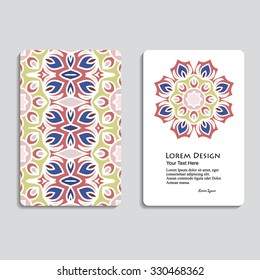 multicolored set of business cards with hand drawn tribal ornament, mandala, for greeting, invitation card, or cover. Vector illustration