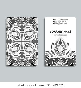 multicolored set of business cards with hand drawn tribal ornament, mandala, for greeting, invitation card, or cover. Vector illustration