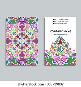 multicolored set of business cards with hand drawn tribal ornament, mandala, for greeting, invitation card, or cover. Vector illustration