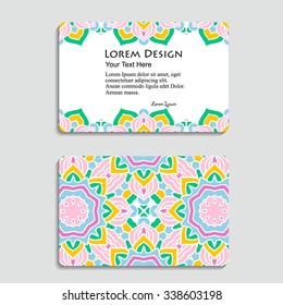multicolored set of business cards with hand drawn tribal ornament, mandala, for greeting, invitation card, or cover. Vector illustration