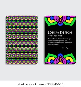 multicolored set of business cards with hand drawn tribal ornament, mandala, for greeting, invitation card, or cover. Vector illustration