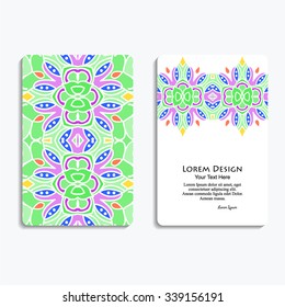 multicolored set of business cards with hand drawn tribal ornament, mandala, for greeting, invitation card, or cover. Vector illustration