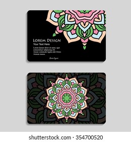 multicolored set of business cards with hand drawn tribal ornament, mandala, for greeting, invitation card, or cover. Vector illustration